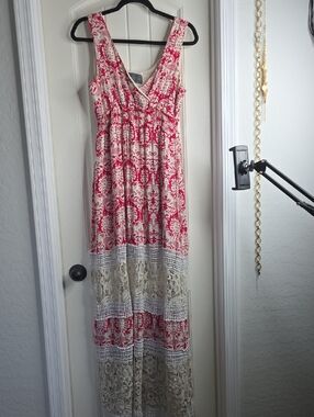 Sunday in Brooklyn Red and Cream Maxi Dress with Lace Panels